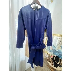 Vintage Hand-Sewn Royal Blue Leather Belted Midi Dress — Unique Statement Piece